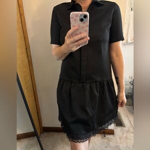 Sandro Paris Black Textured Drop Waist Shirt Dress Lace Hem